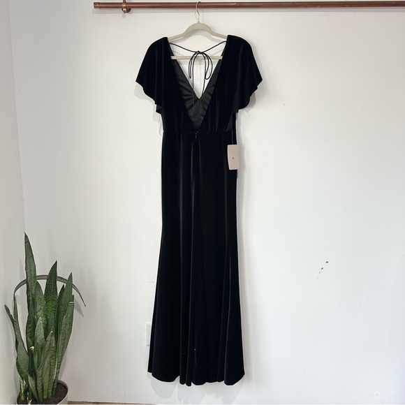 NWT Jenny Yoo Rachel Square Neck Long Sleeve Stretch Velvet Gown Black Anthro - Picture 4 of 7
